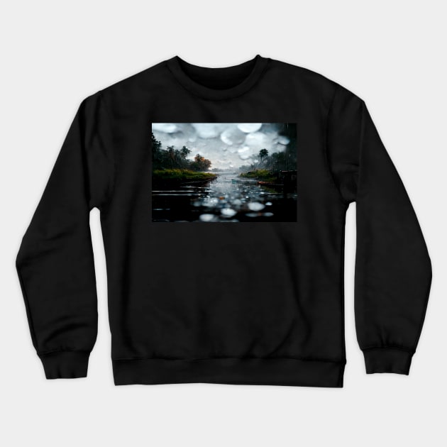 Foggy Lake Falling Raindrops On A Rainy Autumn Day Crewneck Sweatshirt by Unwind-Art-Work